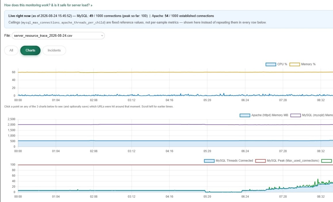 Resource trace dashboard: CPU and memory, process memory, MySQL connections over the day — with a rising green anomaly late morning