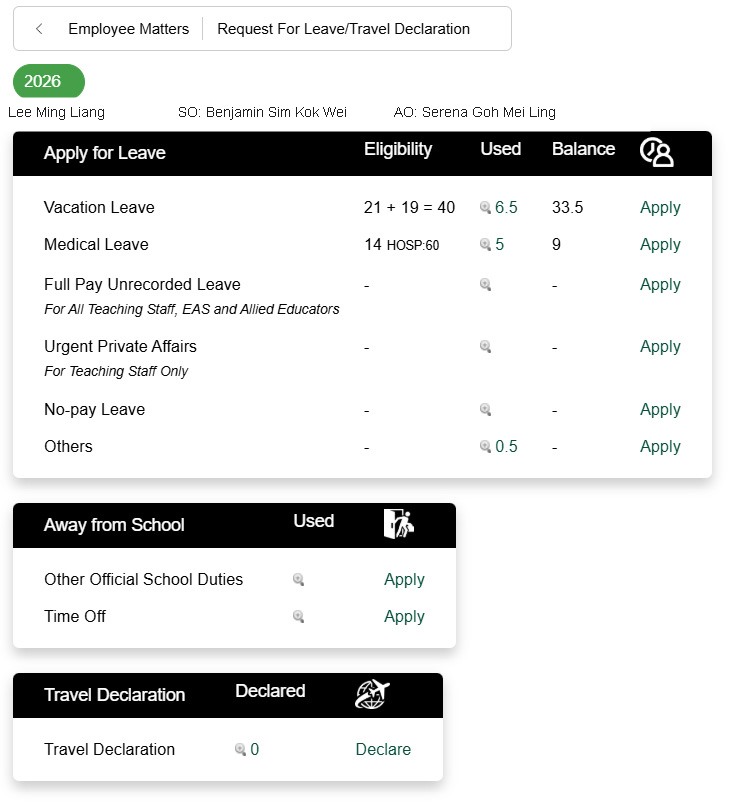 Apply for Leave overview: eligibility, used, and balance for every leave type, plus Away from School and Travel Declaration sections